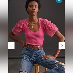 Maeve Ruffled Top in Pink Knit with Chiffon Puff Sleeves Small